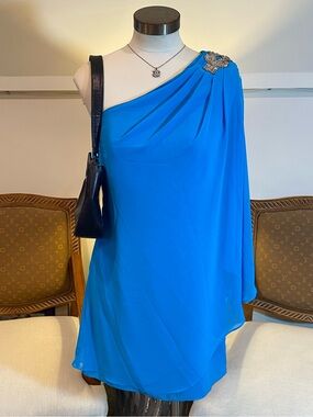 Vintage Cache Turquoise Blue Mini Dress w Rhinestone One Shoulder Size Small